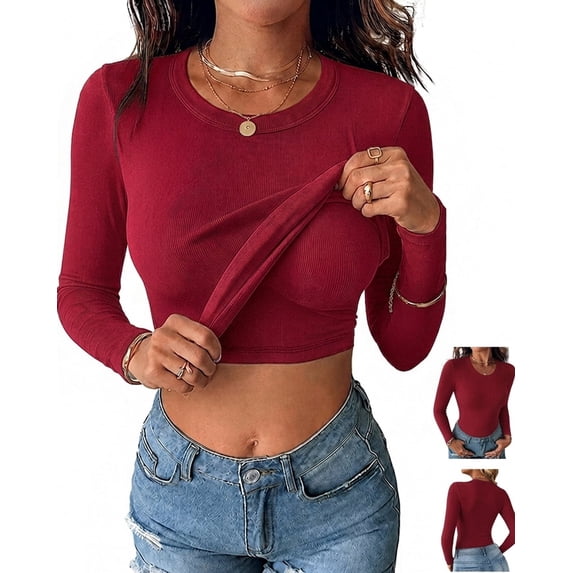 ChicMe T-Shirts for Women Built in Bra Crew Neck Long Sleeve Ribbed Knit Fall Womens Tops Slim Fit Casual Basic Shirt Wine Red-XXL
