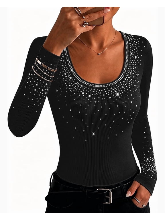 Tshirts for Women Ribbed Knit Rhinestone U-Neck Long Sleeve Slim Fit Sparkly Womens Tops Black-m