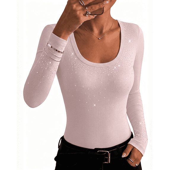 ChicMe Tshirts for Women Ribbed Knit Rhinestone U-Neck Long Sleeve Slim Fit Sparkly Womens Tops Pink-xl