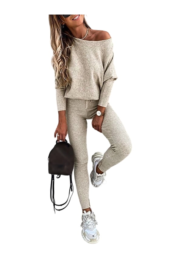 Two Piece Sets for Women Lounge Outfit Knit Solid Color Long Sleeve Pullover Tops with Drawstring Slim Pants Set Tracksuit Beige-L