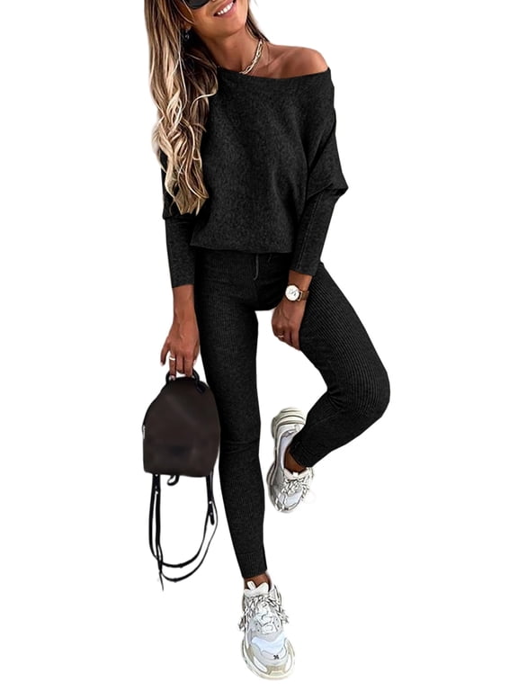 Two Piece Sets for Women Lounge Outfit Knit Solid Color Long Sleeve Pullover Tops with Drawstring Slim Pants Set Tracksuit Black-M