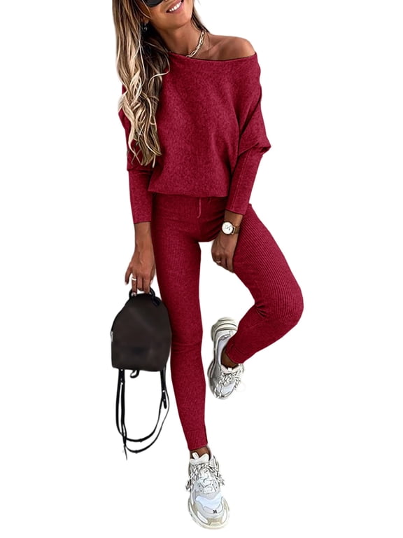 Two Piece Sets for Women Lounge Outfit Knit Solid Color Long Sleeve Pullover Tops with Drawstring Slim Pants Set Tracksuit Wine Red-L