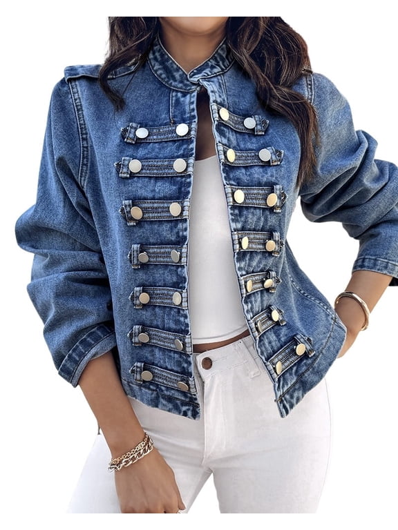Women's Denim Jackets Button up Stand Collar Long Sleeve Jeans Jacket Casual Lightweight Fall Coat Blue-M