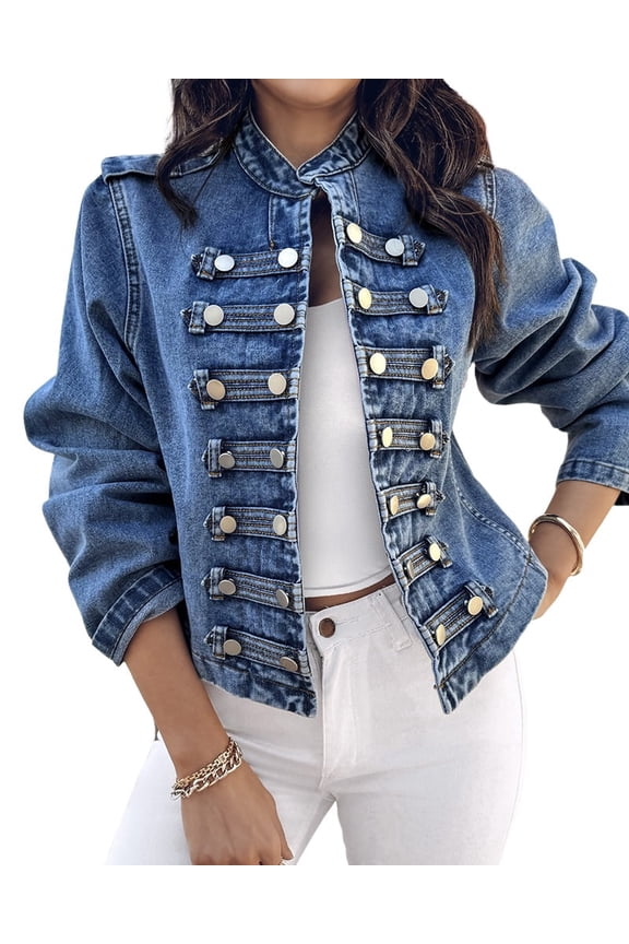 Women's Denim Jackets Button Up Stand Collar Long Sleeve Jeans Jacket Casual Lightweight Fall Coat Blue-M