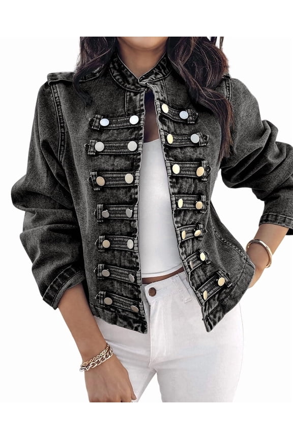Women's Denim Jackets Button up Stand Collar Long Sleeve Jeans Jacket Casual Lightweight Fall Coat Gray-M