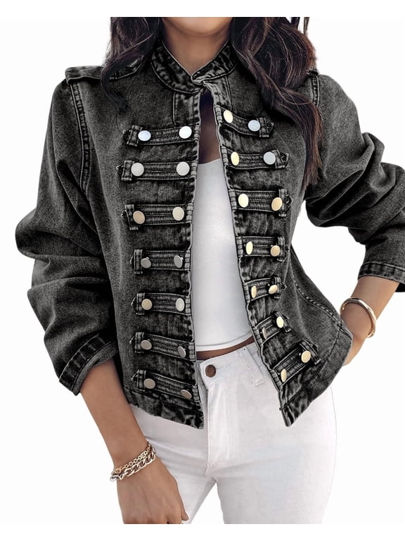 Women's Denim Jackets Button up Stand Collar Long Sleeve Jeans Jacket Casual Lightweight Fall Coat Gray-XXL