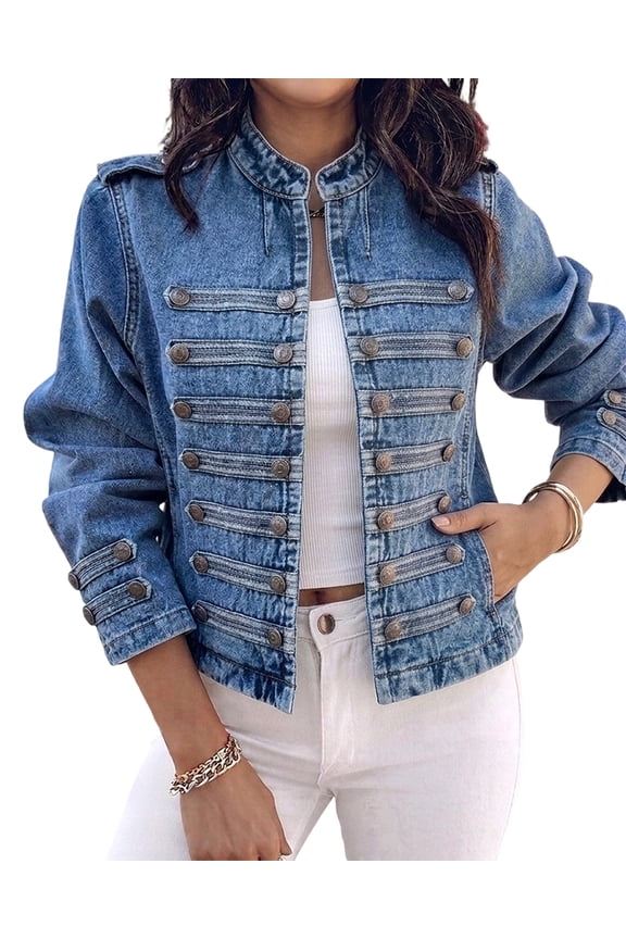 Women's Denim Jackets Button Up Stand Collar Long Sleeve Jeans Jacket with Pockets Casual Lightweight Fall Coat Blue-m