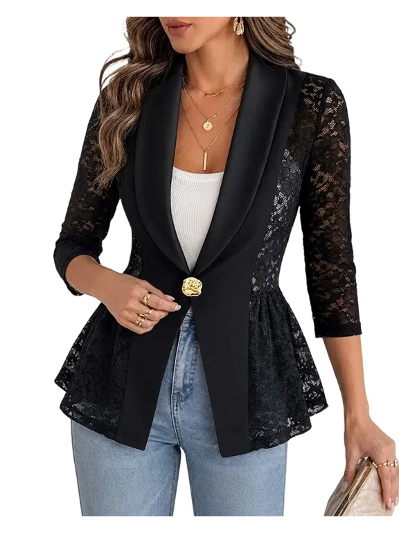 Women's Lace Blazer Patchwork Lapel 3/4 Sleeve Lightweight Dressy Work Suit Jacket Trendy Business Casual Blazers Black-L