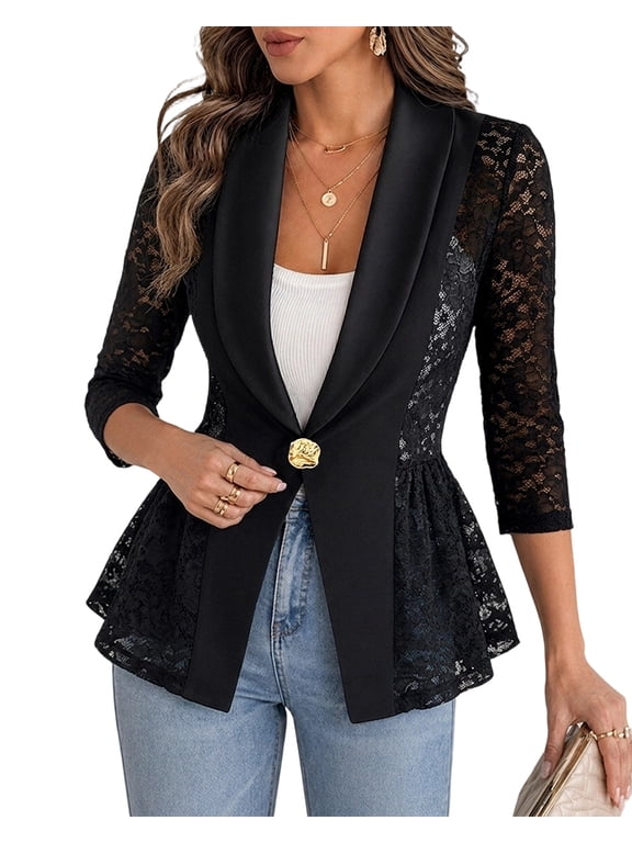 Women's Lace Blazer Patchwork Lapel 3/4 Sleeve Lightweight Dressy Work Suit Jacket Trendy Business Casual Blazers Black-XL