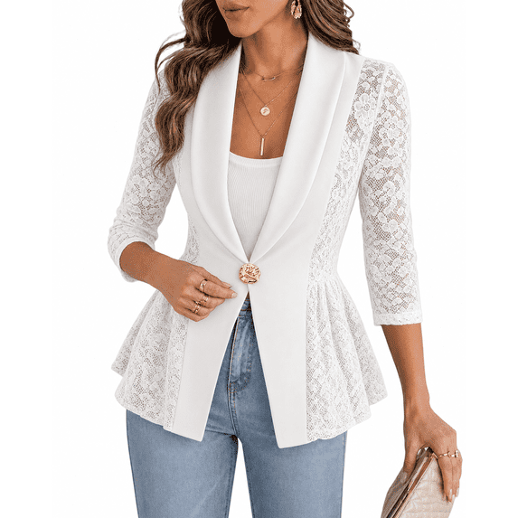 ChicMe Women's Lace Blazer Patchwork Lapel 3/4 Sleeve Lightweight Dressy Work Suit Jacket Trendy Business Casual Blazers White-L
