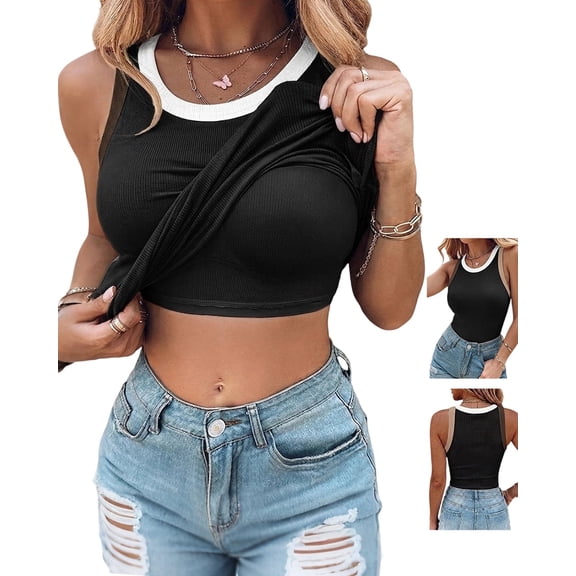 ChicMe Womens Color Block Built in Bra Tank Tops Sleeveless Padded Casual Shirts Racerback Ribbed Tank Top Black-L