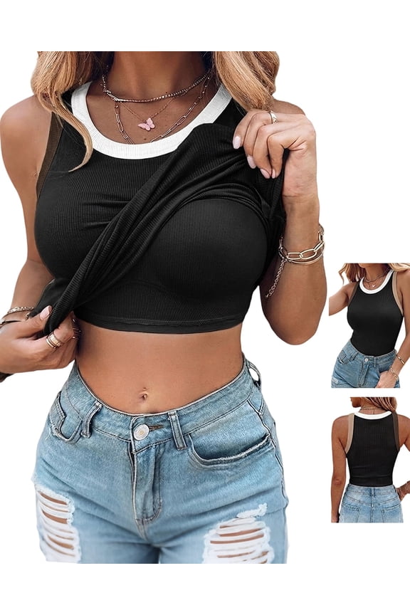 Womens Color Block Built in Bra Tank Tops Sleeveless Padded Casual Shirts Racerback Ribbed Tank Top Black-L