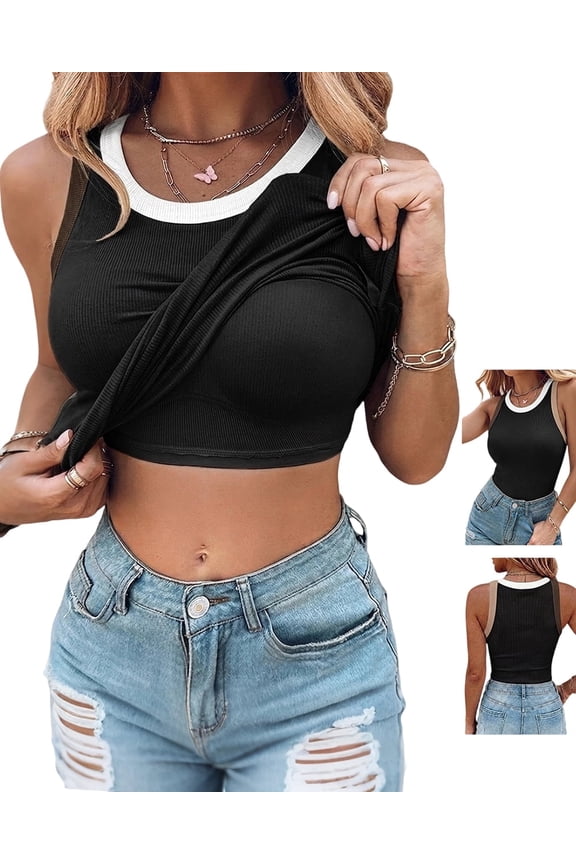 Womens Color Block Built in Bra Tank Tops Sleeveless Padded Casual Shirts Racerback Ribbed Tank Top Black-M