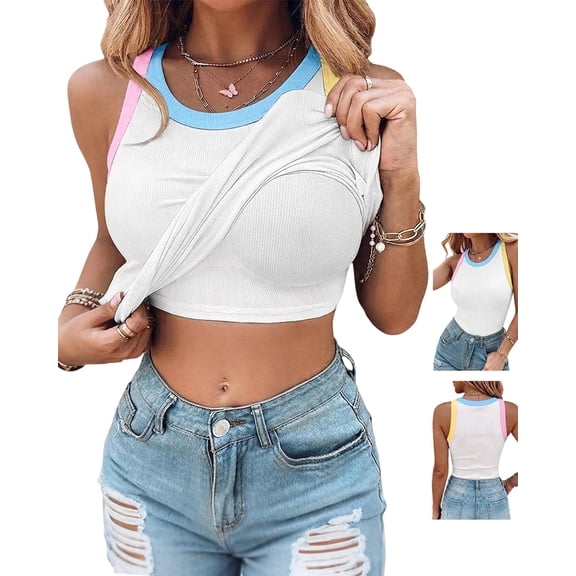 ChicMe Womens Color Block Built in Bra Tank Tops Sleeveless Padded Casual Shirts Racerback Ribbed Tank Top White-L