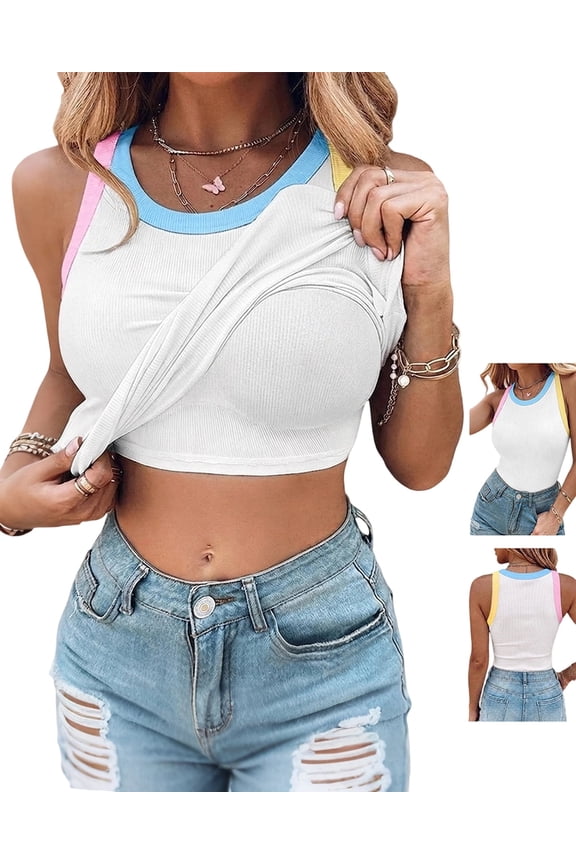 Womens Color Block Built in Bra Tank Tops Sleeveless Padded Casual Shirts Racerback Ribbed Tank Top White-L