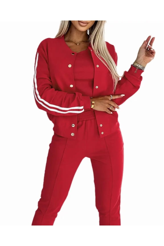 Three Piece Sets for Women Lounge Outfits Striped Tape Long Sleeve Bomber Jacket and Elastic Sporty Pants with Tank Tops Tracksuit Red-M