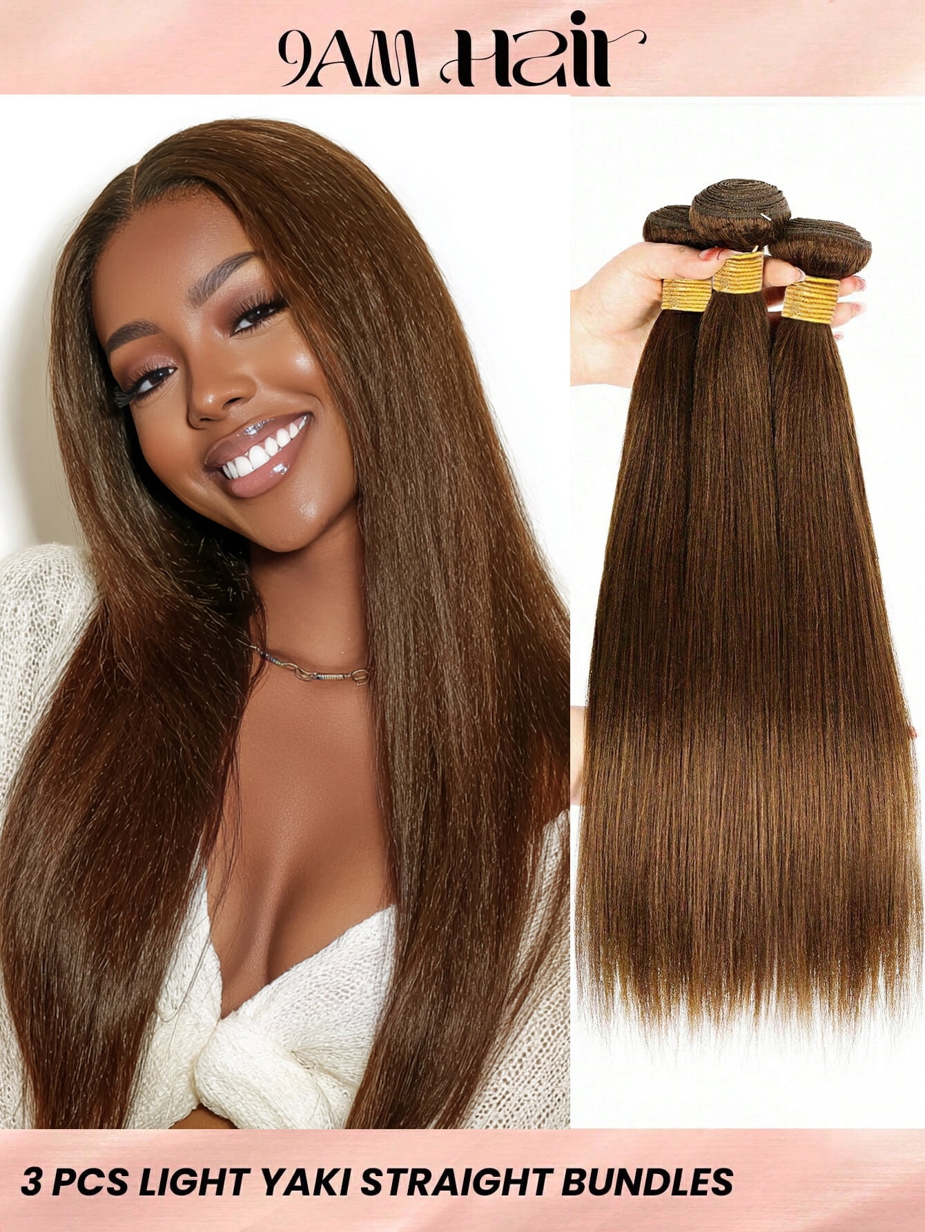 ChicRosa Light Yaki Straight 4# Brown Human Hair Bundles, 3 Pieces