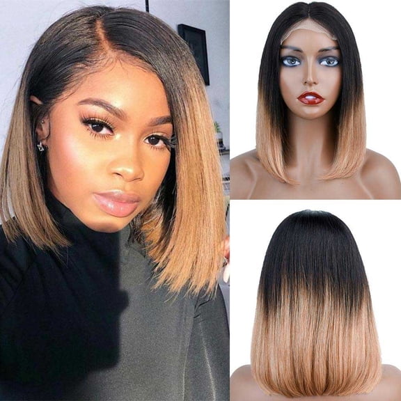 ChicRosa T Part Lace Closure Bob Wig Human Hair 1B/27 Ombre Straight Brazilian Remy Hair