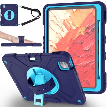 ChicShell Case for iPad Pro 11 Inch M4 (2024), Shockproof Case with Pencil Holder & Shoulder Strap, [360° Rotating Hand Strap & Stand] 3 Layers Protection Case for iPad Pro 11 (2024) - Navyblue