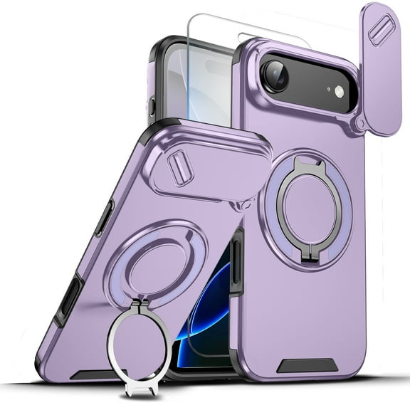 Allytechgroup Case for iPhone Air with Slide Camera Cover, [1x Screen Protector] 360° Rotated Ring Kickstand Magnetic Car Mount Support Shockproof Protective Back Cover for Women Men, Purple