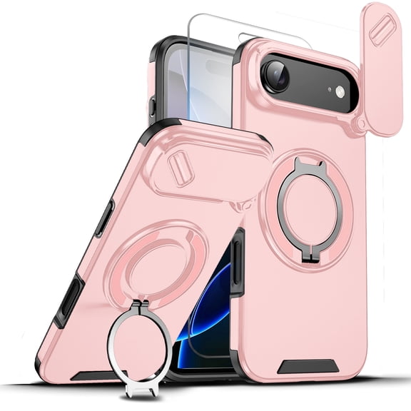 Allytechgroup Case for iPhone Air with Slide Camera Cover, [1x Screen Protector] 360° Rotated Ring Kickstand Magnetic Car Mount Support Shockproof Protective Back Cover for Women Men, Pink