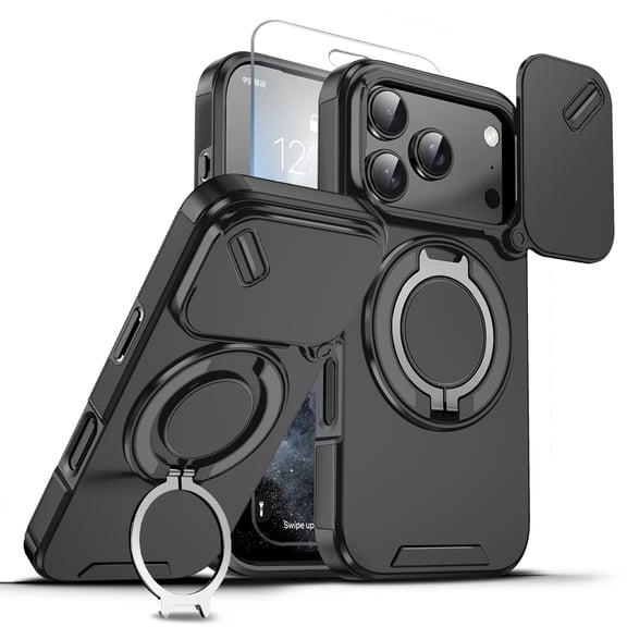 Allytechgroup Case For iPhone 17 Pro with Slide Camera Cover, [1x Screen Protector] 360° Rotated Ring Kickstand Magnetic Car Mount Support Shockproof Protective Back Cover for Women Men, Black