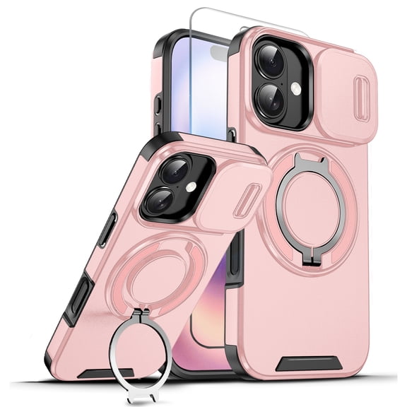 Allytechgroup Case for iPhone 17 with Slide Camera Cover, [1x Screen Protector] 360° Rotated Ring Kickstand Magnetic Car Mount Support Shockproof Protective Back Cover for Women Men, Pink