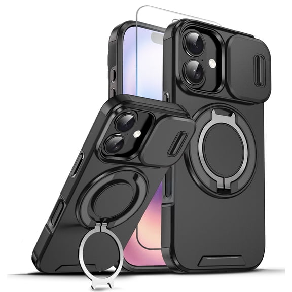 Allytechgroup Case for iPhone 17 with Slide Camera Cover, [1x Screen Protector] 360° Rotated Ring Kickstand Magnetic Car Mount Support Shockproof Protective Back Cover for Women Men, Black
