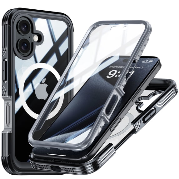 ChicShell Clear Case for iPhone 16 - Built-in Screen Protector - Compatible with MagSafe - Dustproof & Waterproof & Shockproof - Full Body Protective Slim Fit Case Cover, Black