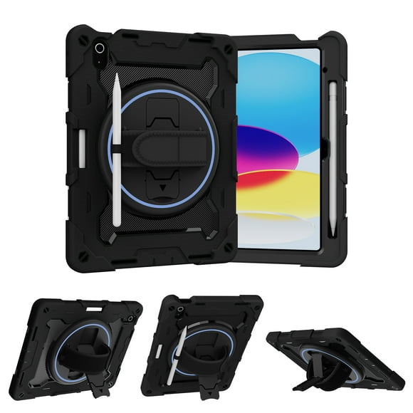 ChicShell Kids Case for iPad 10th Generation 10.9 Inch 2022, Built-in Pencil Holder & kickstand & Hand Strap Lightweight Shockproof Silicone for iPad Cover 10.9 inch 2022 Women Men, Black