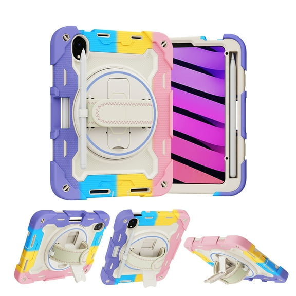 Allytechgroup Kids Case for iPad mini 7 A17 Pro 2024/ iPad mini 6 2021 8.3 Inch, Built-in Hand Strap Pencil Holder Kickstand Four Corners Effedtive Anti-shock Shockproof Cover for Children, Pink