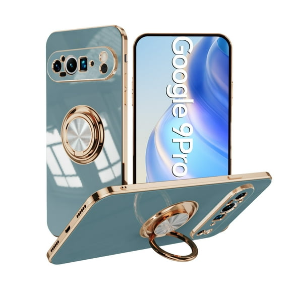 ChicShell Luxury Plating Case for Google Pixel 9 Pro with Ring Holder Stand, Solid Color Ultra Slim Lightweight All-Round Shockproof Case Support Magnetic Car Mount for Women Men - Gray