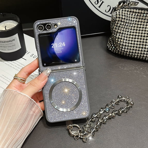ChicShell Magnetic Case Cover for Samsung Galxy Z Flip 3, Glitter Bling Back Cover with Stylish Hand Wrist Wireless Charging Support Luxury Case for Girls Women, Gray