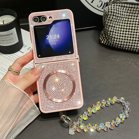 ChicShell Magnetic Case Cover for Samsung Galxy Z Flip 3, Glitter Bling Back Cover with Stylish Hand Wrist Wireless Charging Support Luxury Case for Girls Women, Pink