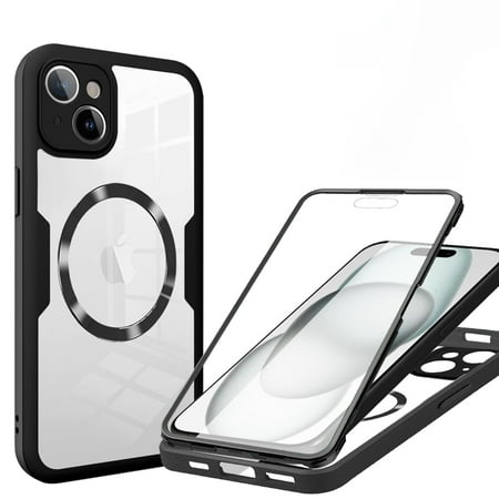 ChicShell Magnetic For iPhone 14 Case,Full-Body Phone case with Built-in Glass Screen Protector Military Drop Proof iPhone 14 Cover - Black
