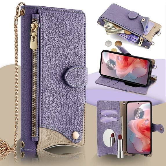 ChicShell Moto G Stylus 5G 2023 Wallet Case with Cards Holder + Zipper Pocket + Metal Crossbody Shoulder Strap + Make-Up Mirror, Flip Cover Stylish Phone Case for Motorola G Stylus 5G 2023, Purple