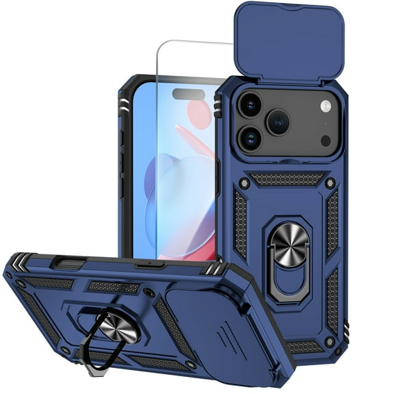 Allytechgroup Ring Holder Case for iPhone 17 Pro with 1 Pack Screen Protector, Built-in Slide Camera Cover Anti-Scratch Stand Case Support Magnetic Car Mount Shockproof Bumper for Women Men, Blue