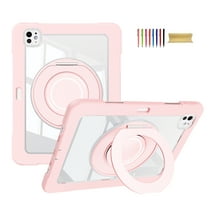 ChicShell Rugged Clear Case for Apple iPad Pro 11 M4 2024, Clear Back Rotatable Kickstand Handle Kids Friendly Shockproof Protective Case Cover for iPad Pro 11 Inch 2024, Pink