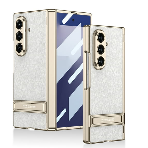 ChicShell Rugged Faux Leather Case for Samsung Galaxy Z Fold 7 with Tempered Glass Screen Protection, Support Wireless Charging Shockproof Protective Cover with Kickstand for Women Men, C-White