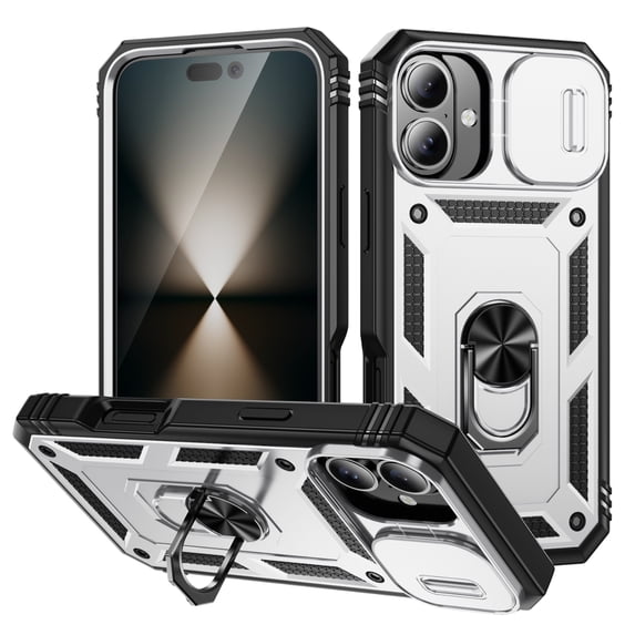 ChicShell Slim Case For iPhone 16 with Slide Camera Cover, 360° Rotated Kickstand Support Car Magnetic Bracket Military Grade Shockproof Protective Cover For iPhone 16, White