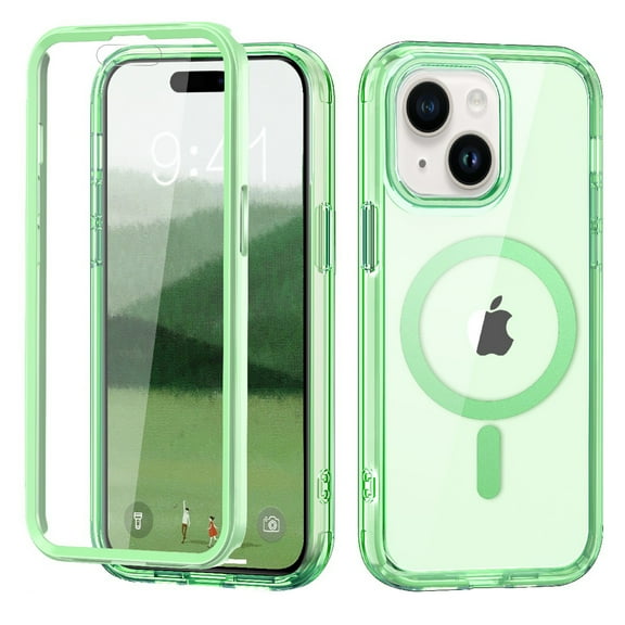 ChicShell Transparent iPhone 15 Case with Built-in Screen Protector, Magnetic Back Cover Compatible with MagSafe Shockproof Perfect Protection for Apple iPhone 15, Green