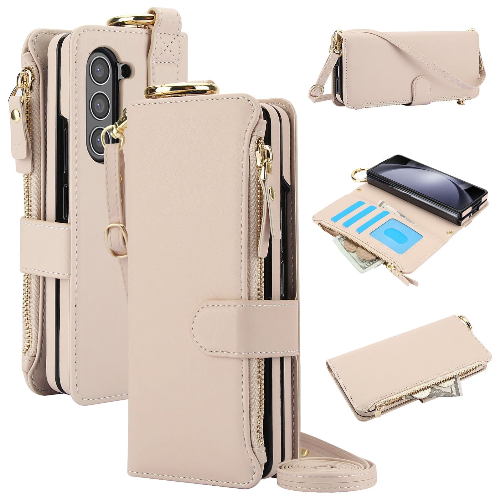 ChicShell Wallet Flip Case for Samsung Galaxy Z Fold 7, RFID Blocking Cards Slots Zipper Pocket Hand Strap Shockproof Stand Phone Case Cover with Crossbody Lanyard for Women Girls, White
