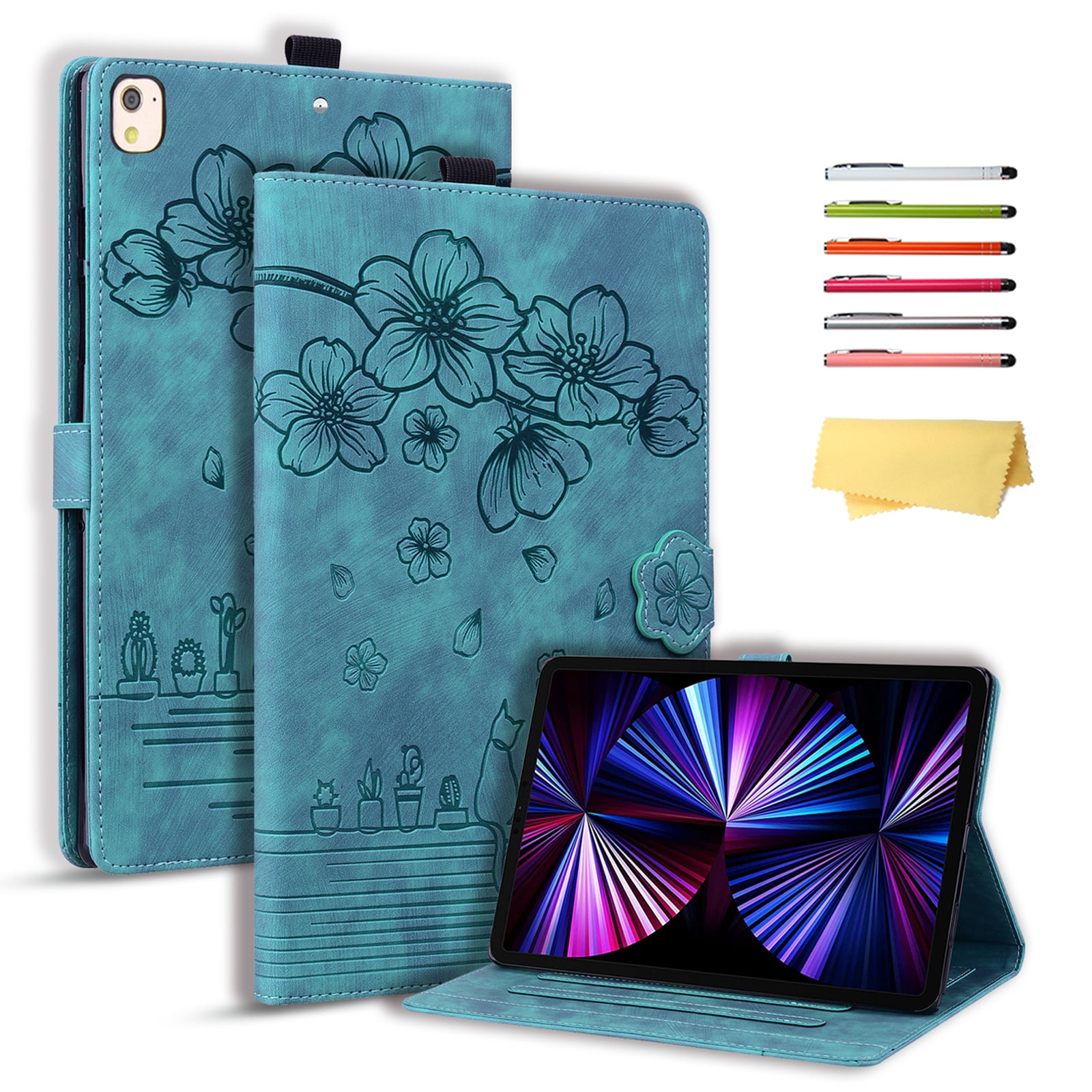 ChicShell for iPad 9th/8th/7th Generation Case 2021/2020/2019 Release with Stand/Pencil Holder/Pocket [Auto Wake/Sleep] Magnetic Smart Embossed Flower Folio Cover for 10.2", Cherry Blossom Green Cat