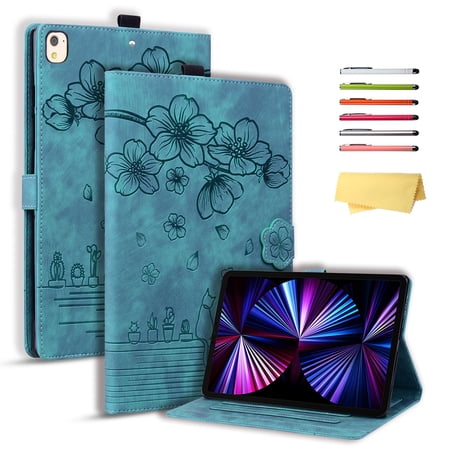 ChicShell for iPad 9th/8th/7th Generation Case 2021/2020/2019 Release with Stand/Pencil Holder/Pocket [Auto Wake/Sleep] Magnetic Smart Embossed Flower Folio Cover for 10.2", Cherry Blossom Green Cat