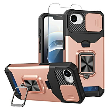 ChicShell for iPhone 16e Case with Screen Protector, Sliding Camera Lens Cover Full Body Proteciton Card Holder Ring Kickstand Magnetic Case Support Car Mount Phone Case for iPhone 16e, Rosegold