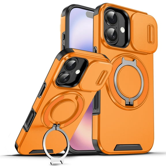 ChicShell for iPhone 17 Case with Kickstand, Slim Fit Phone Shell with Slide Camera Cover Support Magnetic Car Mount Shockproof Protective Cover for iPhone 17, Orange
