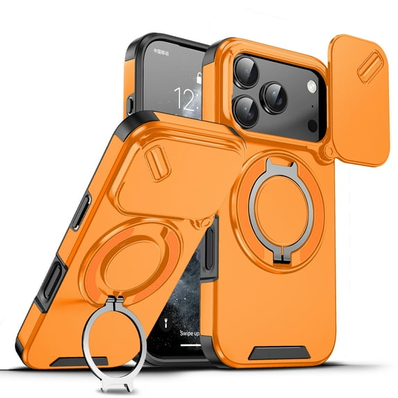 ChicShell for iPhone 17 Pro Case with Kickstand, Slim Fit Phone Shell with Slide Camera Cover Support Magnetic Car Mount Shockproof Protective Cover for iPhone 17 Pro, Orange