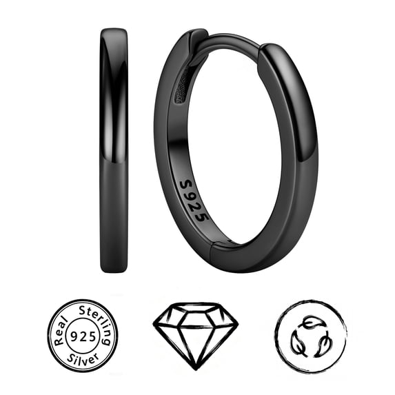 ChicSilver Black Huggie Hoop Earrings for Women, 12MM Small Hoop Earrings, Lightweight Cartilage Earrings, Hinged Sleeper Hoops, Minimalist Everyday Jewelry