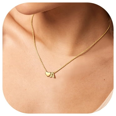 ChicSilver Heart Initial Letter Necklace, 14K Gold Plated, Women's Dainty Jewelry