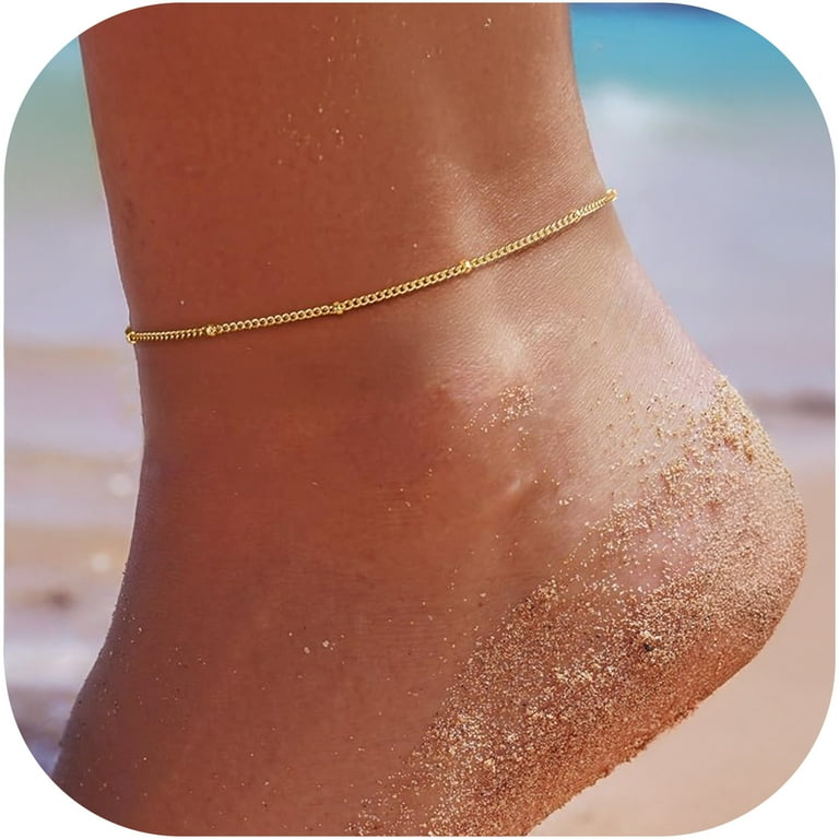 ChicSilver Gold Anklet for Women, 14K, Adjustable Beaded Chain